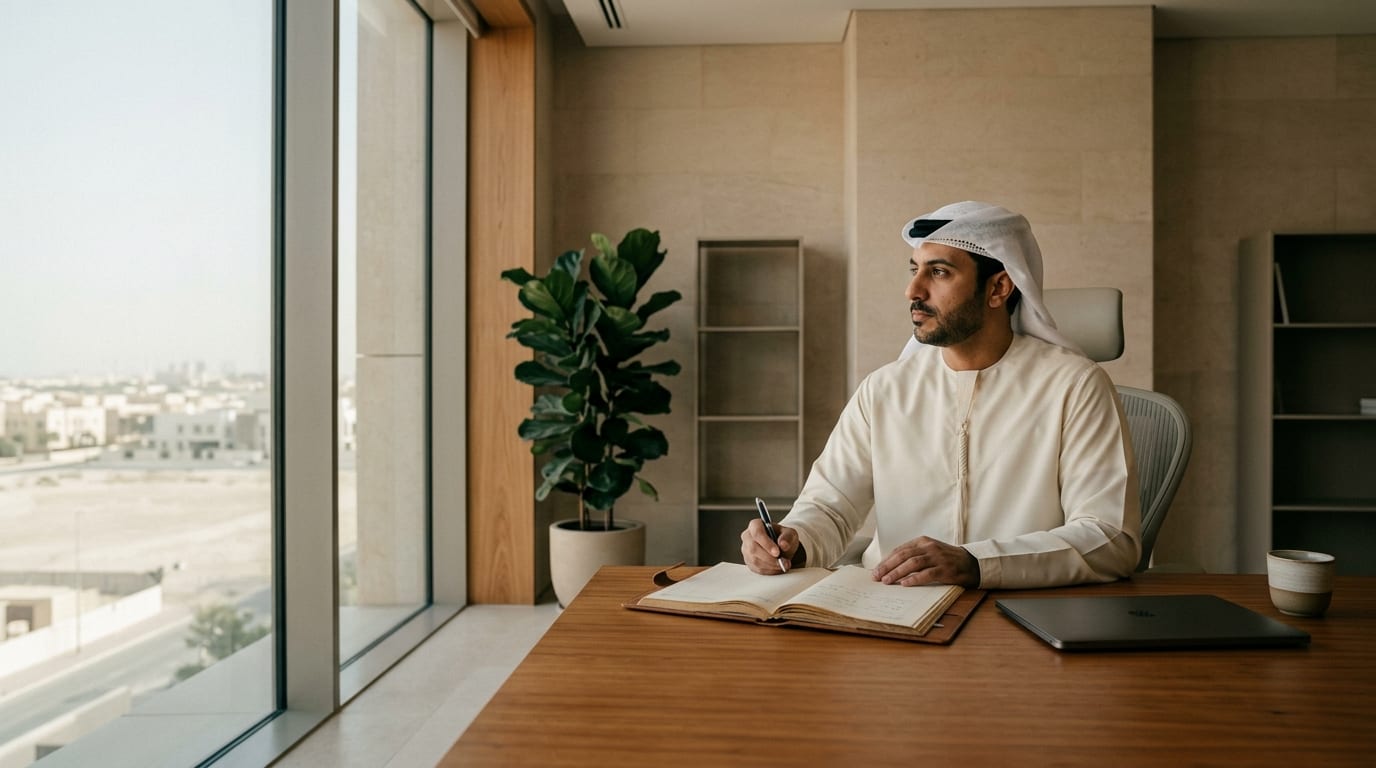 A professional in Gulf business attire writing in a ledger at a desk beside a window, laptop closed next to him.