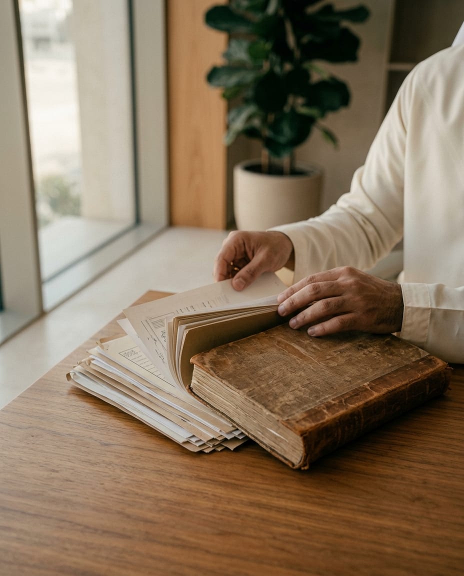 Hands turning through the pages of a ledger book on a desk.