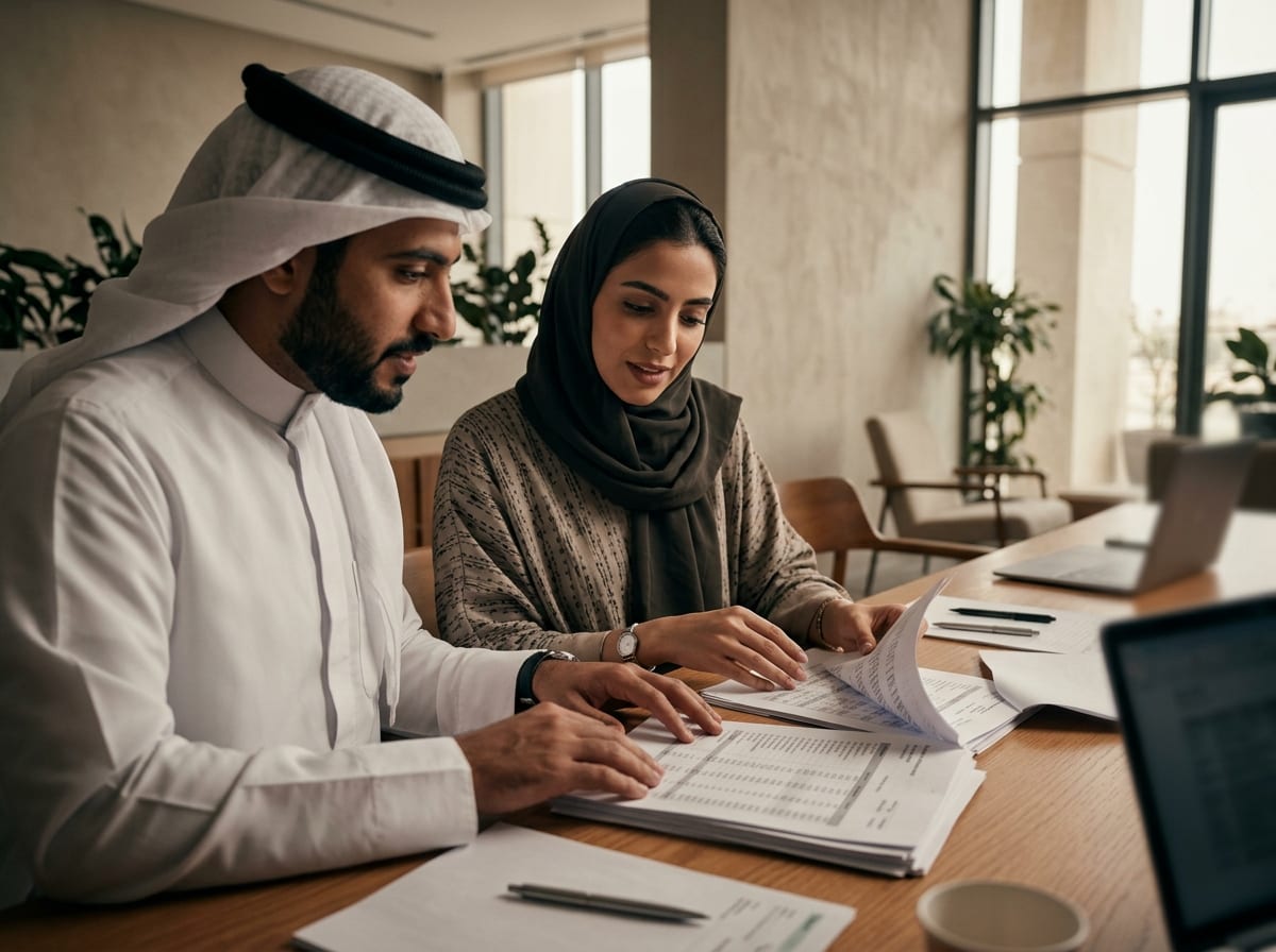 Two colleagues reviewing a paper ledger together at a desk.
